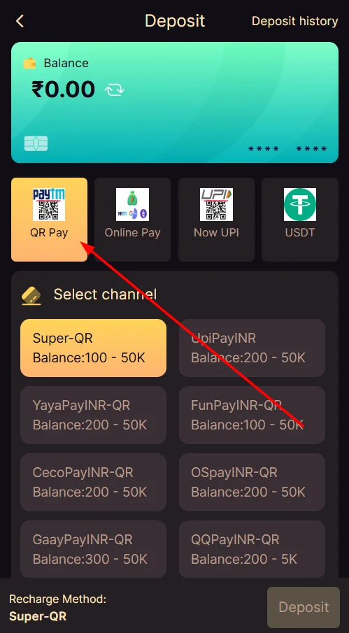 Choose deposit payment method